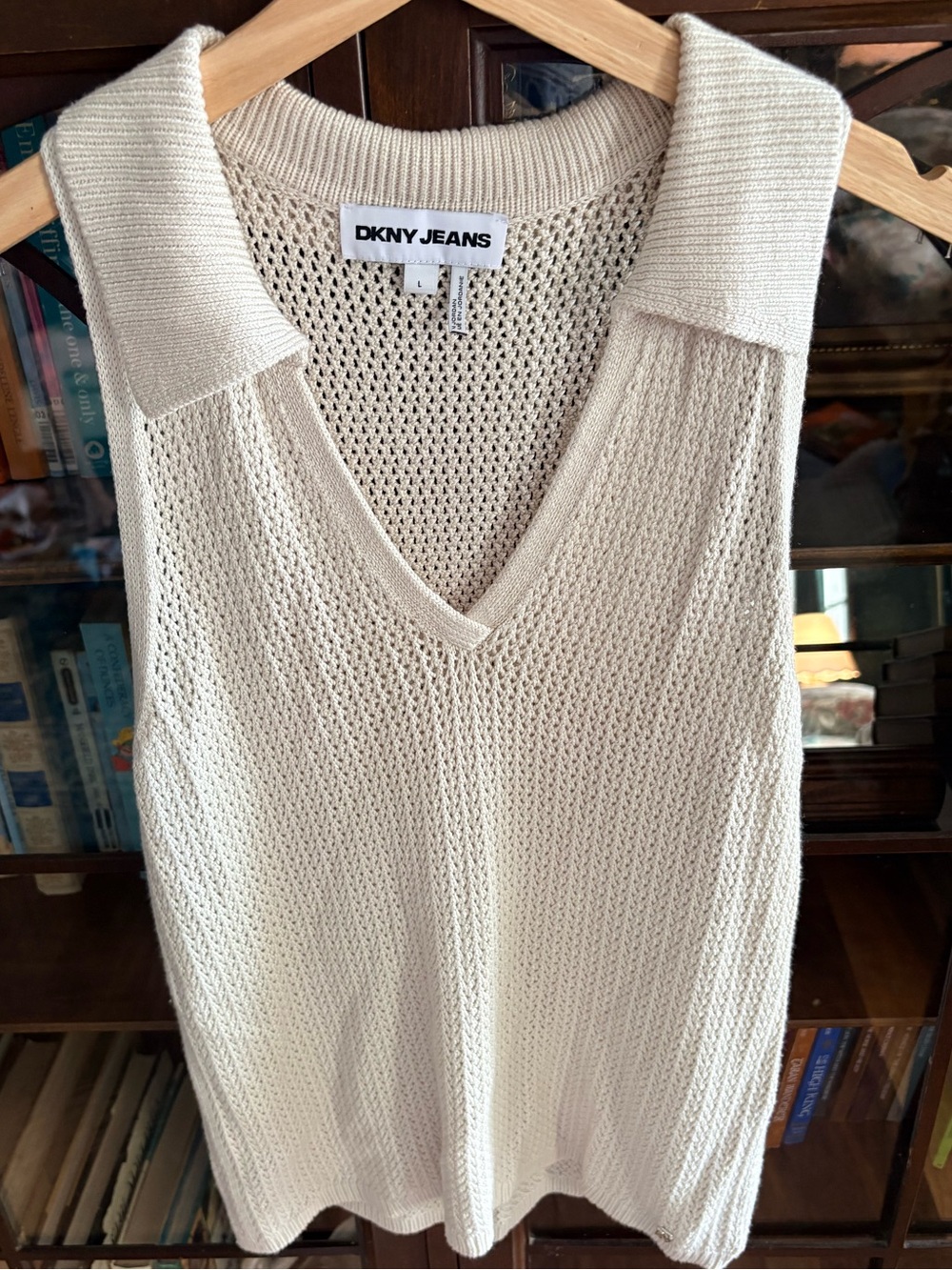 dkny open knit collared v neck sleeveless sweater